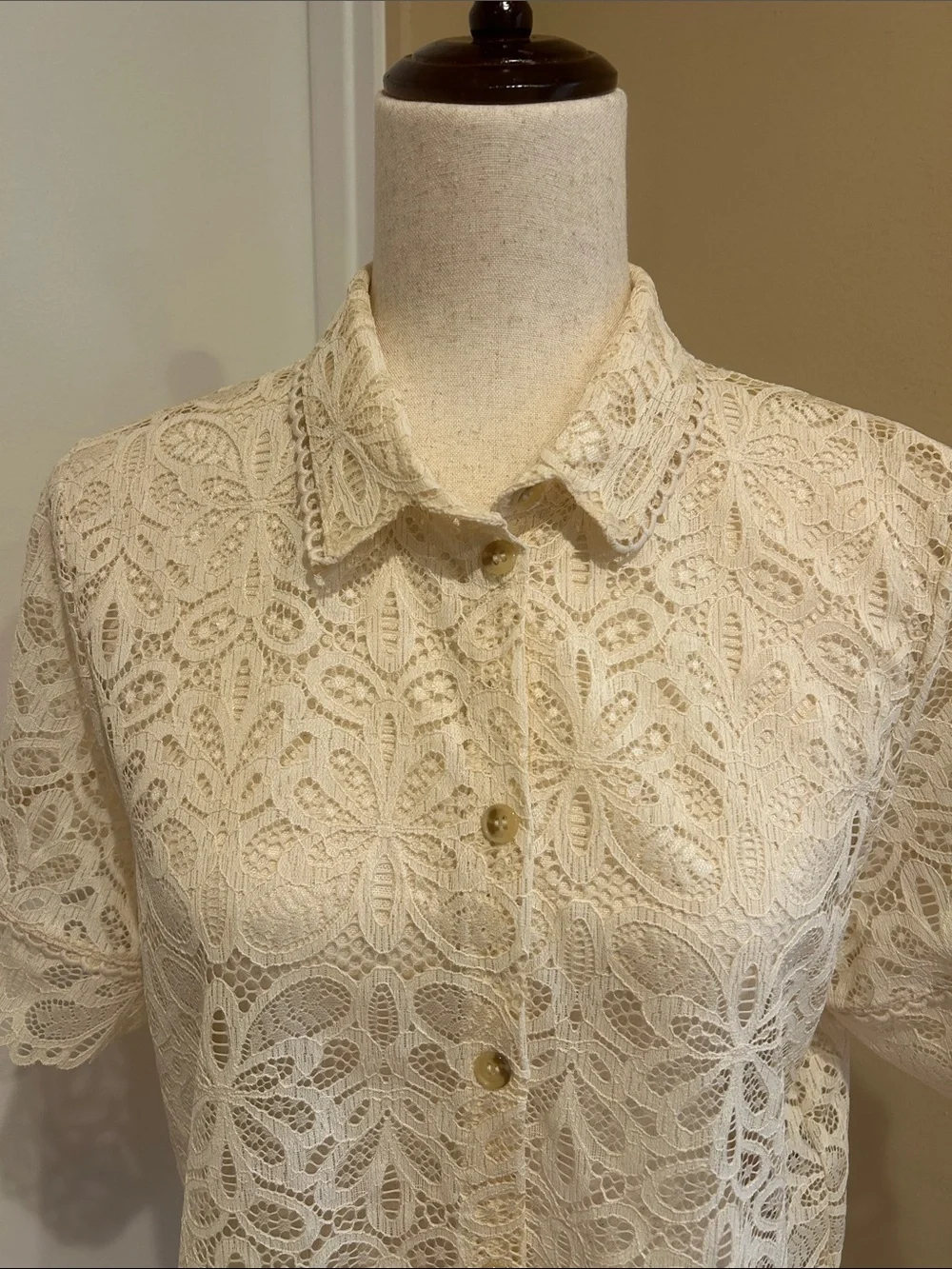 intimissimi Cream Lace Short Sleeve Button-Up Blouse - Picture 3 of 8